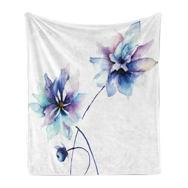 Watercolor Flower Soft Flannel Fleece Throw Blanket, Flora Drawing Soft Spring Colors Retro Style Floral Artwork, Cozy Plush for Indoor and Outdoor Use, 50" x 70", White Purple Blue, by Ambesonne