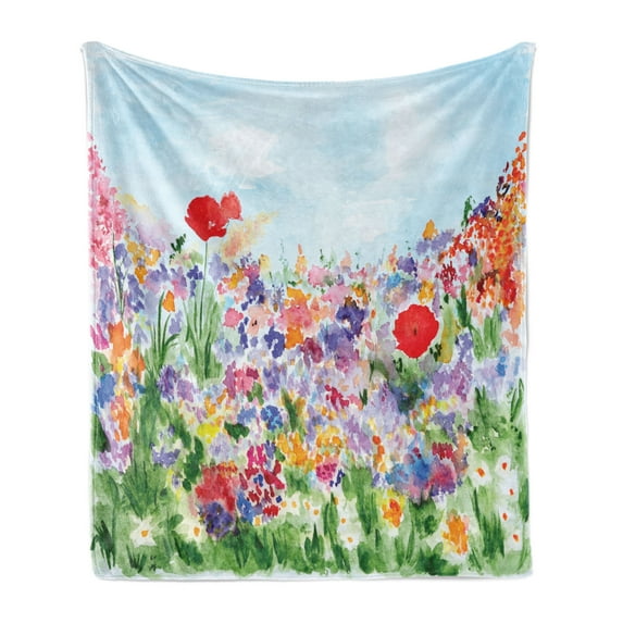 Watercolor Flower Soft Flannel Fleece Throw Blanket, Floral Summer Garden Grass and Blooms Love Illustration Print, Cozy Plush for Indoor and Outdoor Use, 50" x 60", Red Green Purple, by Ambesonne