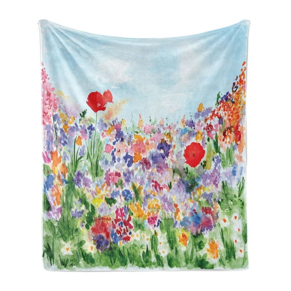 Watercolor Flower Soft Flannel Fleece Throw Blanket, Floral Summer Garden Grass and Blooms Love Illustration Print, Cozy Plush for Indoor and Outdoor Use, 70" x 90", Red Green Purple, by Ambesonne