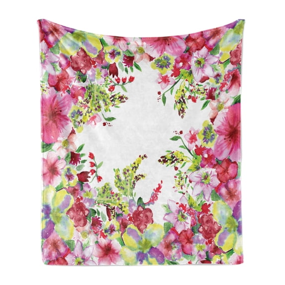 Watercolor Flower Soft Flannel Fleece Throw Blanket, Fresh Curly Willow and Dahlia Floral Summer Buds Hand Drawn Print, Cozy Plush for Indoor and Outdoor Use, 70" x 90", Green and Pink, by Ambesonne