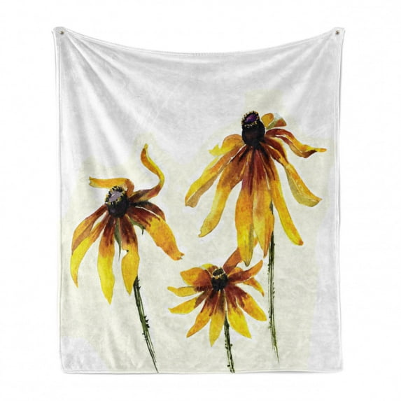 Watercolor Flower Soft Flannel Fleece Throw Blanket, Garden with Daisy Flowers in Soft Painting Effect Dramatical Nature, Cozy Plush for Indoor and Outdoor Use, 50" x 60", Yellow White, by Ambesonne