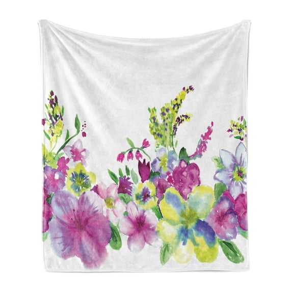 Watercolor Flower Soft Flannel Fleece Throw Blanket, Hybrid Garden Floret Composition Heathers and Stocks Abstract Art, Cozy Plush for Indoor and Outdoor Use, 70" x 90", Pink Green, by Ambesonne