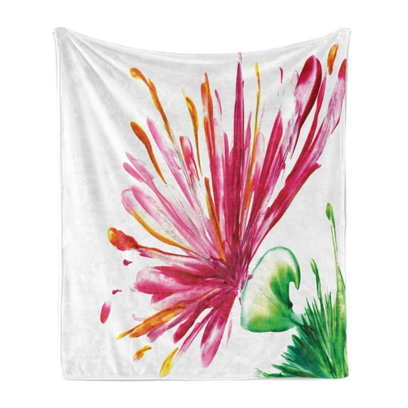 Watercolor Flower Soft Flannel Fleece Throw Blanket, Opened out Asiatic Oriental Lily Freesia Florets Work of Art Print, Cozy Plush for Indoor and Outdoor Use, 70" x 90", Fuchsia Green, by Ambesonne
