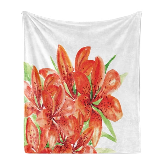 Watercolor Flower Soft Flannel Fleece Throw Blanket, Pastoral Themed Large Lilies in Vibrant Colors Habitus of Flora Artwork, Cozy Plush for Indoor and Outdoor Use, 60" x 80", Red Green, by Ambesonne