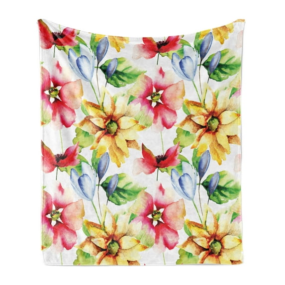 Watercolor Flower Soft Flannel Fleece Throw Blanket, Spring Flora Pattern Print Painting Effect Country Style Artwork, Cozy Plush for Indoor and Outdoor Use, 70" x 90", Multicolor, by Ambesonne