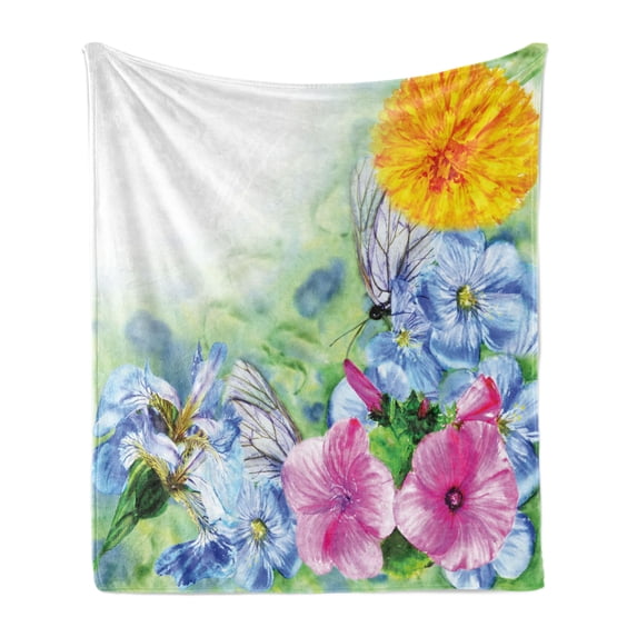 Watercolor Flower Soft Flannel Fleece Throw Blanket, Surreal Iris Peony Poppy Petals Paint with Moth Butterflies Wilderness, Cozy Plush for Indoor and Outdoor Use, 50" x 70", Multicolor, by Ambesonne