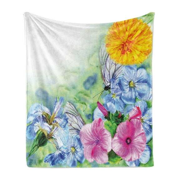 Watercolor Flower Soft Flannel Fleece Throw Blanket, Surreal Iris Peony Poppy Petals Paint with Moth Butterflies Wilderness, Cozy Plush for Indoor and Outdoor Use, 70" x 90", Multicolor, by Ambesonne