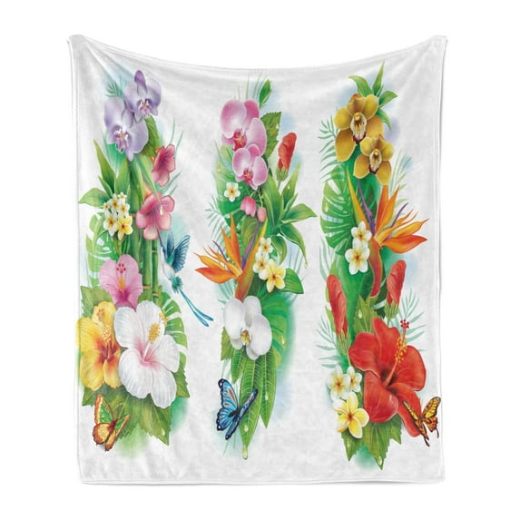 Watercolor Flower Soft Flannel Fleece Throw Blanket, Tropical Christmas Bouquet Tropical Hibiscus Blossoms Leaf Butterfly, Cozy Plush for Indoor and Outdoor Use, 50" x 60", Multicolor, by Ambesonne
