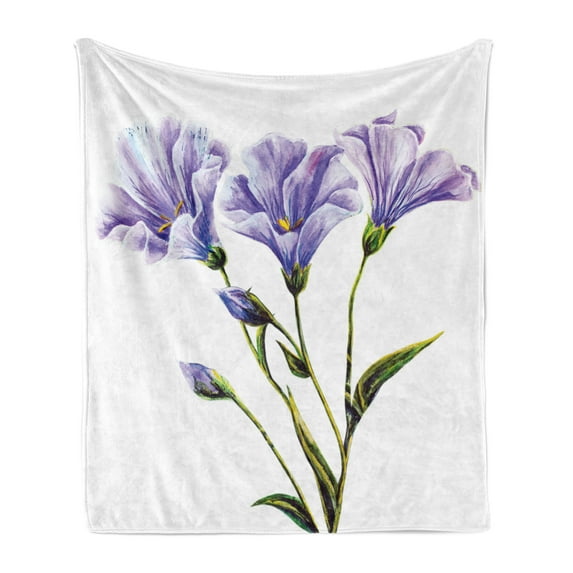 Watercolor Flower Soft Flannel Fleece Throw Blanket, Wild Flowers Drawing of Romantic Summer Theme Mother Earth Art, Cozy Plush for Indoor and Outdoor Use, 60" x 80", White Violet Green, by Ambesonne