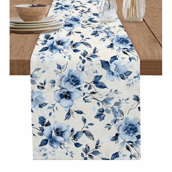 Watercolor Flower Table Runner Cotton Linen 108 Inch Holiday Dresser Scarves, Blue Wildflower Garden Motifs Floral Tablerunner for Kitchen Coffee Dining Bedroom Dinner Scarf Décor 13''x108''