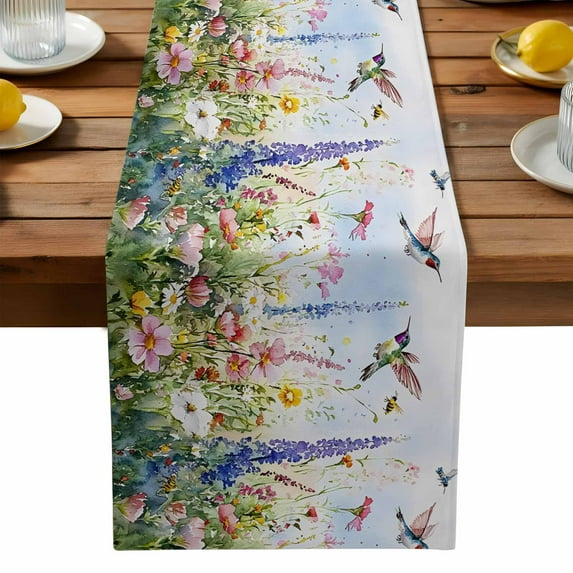 Watercolor Flower Table Runner, Hummingbird Hand-painted Flowers Bird Kitchen Table Runners Dress Scarves for Table Decorations Party/Restaurant/Indoor Outdoor Use, 13x36in