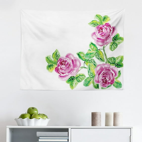 Watercolor Flower Tapestry, Hybrid Garden Floret Composition Heathers and Stocks Abstract Art, Fabric Wall Hanging Decor for Bedroom Living Room Dorm, 2 Sizes, Pink Green, by Ambesonne