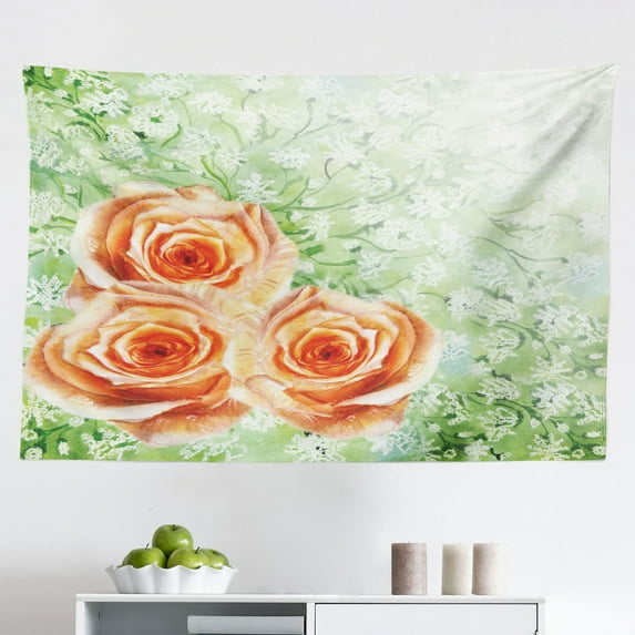 Watercolor Flower Tapestry, Picturesque Glamour Dramatic Rose with Cracked Effect Natural Art, Fabric Wall Hanging Decor for Bedroom Living Room Dorm, 2 Sizes, Pink Green, by Ambesonne