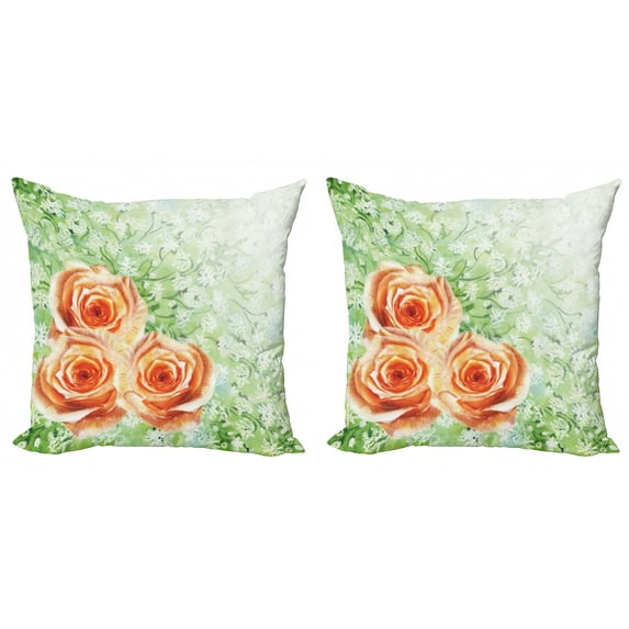 Ambesonne Green Throw Pillow Cover 2 Pack, Watercolor Roses, 24", Orange Green