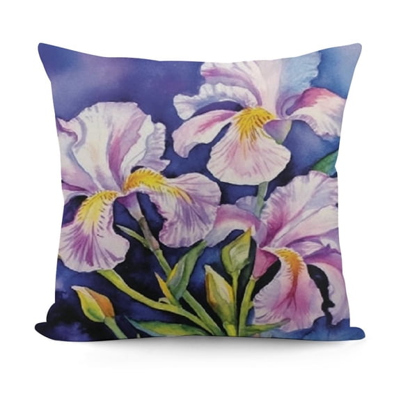 Watercolor Flower Throw Pillow Cushion Cover, Painting of Iris Flower in the Spring Season of Blooming Plant Nature Work of Art, Decorative Square Accent Pillow Case Violet Green