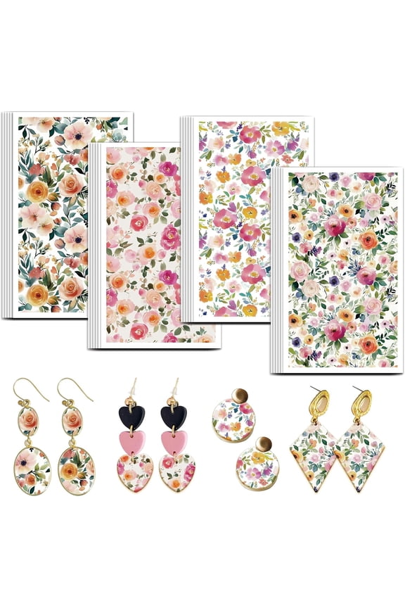 Watercolor Flower Transfer Paper 4 Design 24 Pcs Transfer Paper for DIY Polymer Vintage Floral Polymer Clay Transfer Sheets Rustic Floral Small Transfer Paper for DIY Clay Earrings Jewelry Making