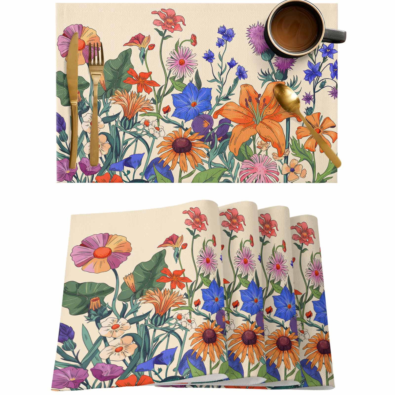 Rolemaster Table Mat Watercolor Flower Tropical Plant Placemats Set of 4,Wipeable Washable ...