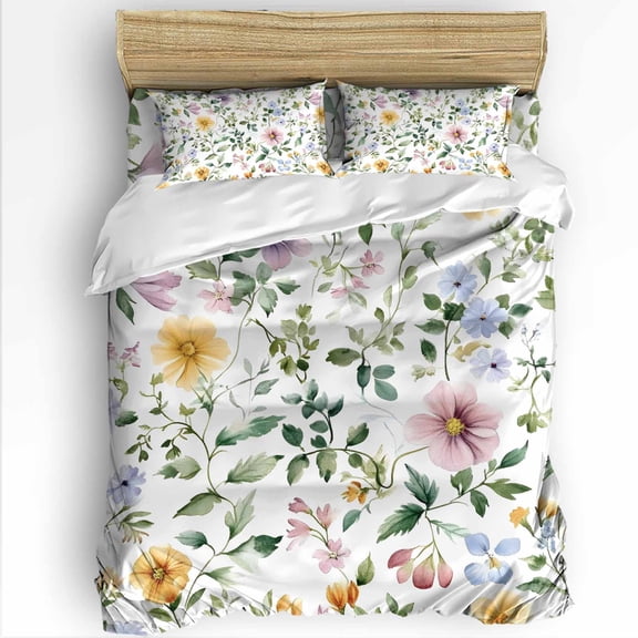 Watercolor Flower Twin Size Comforter Set, Spring Herb Leaf Plant Soft Bedding for All Seasons, 4 Pcs Bed Set with 1 Comforter (68"x86") ,1Sheet(66"x116"), 2 Pillowcases (19"x29")