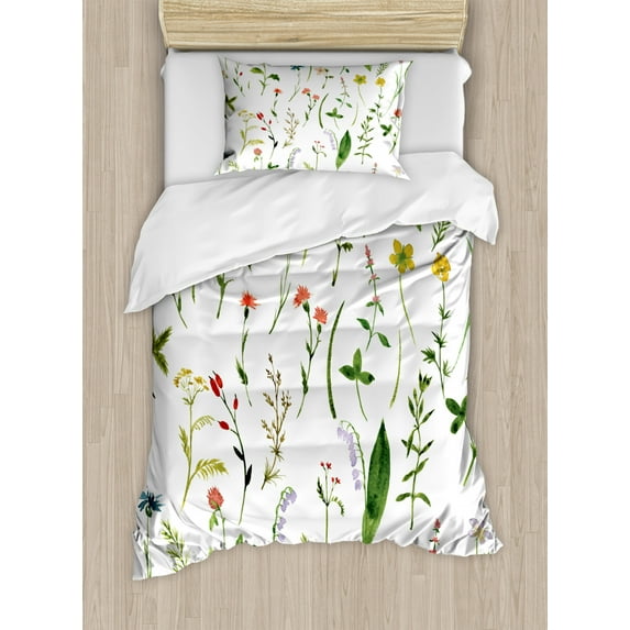 Watercolor Flower Twin Size Duvet Cover Set, Different Kinds of Flowers with Herbs Weeds Plants and Earth Elements, Decorative 2 Piece Bedding Set with 1 Pillow Sham, Multicolor, by Ambesonne