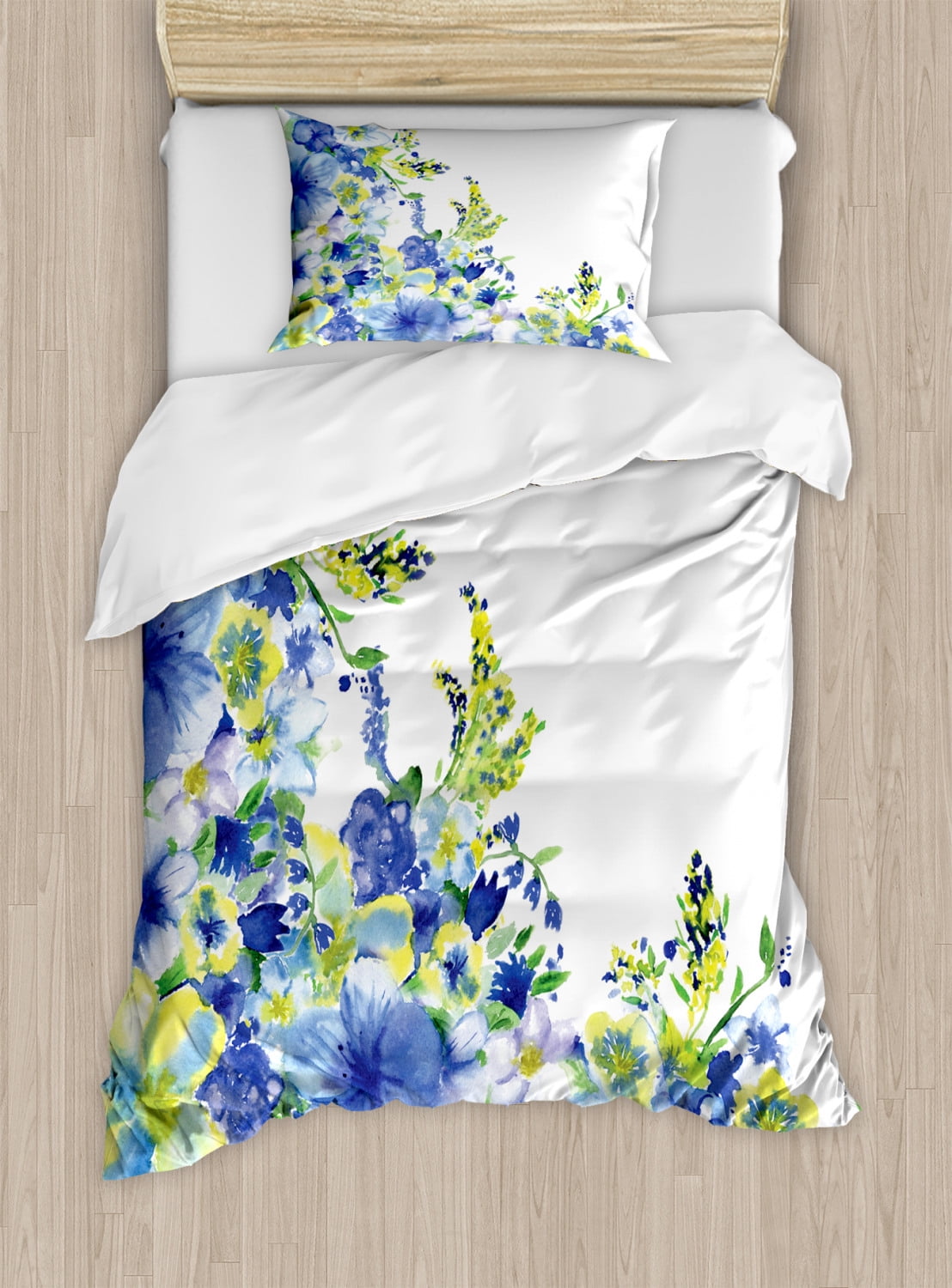 Twin Size Blue and Yellow Floral Microfiber Duvet Cover Set
