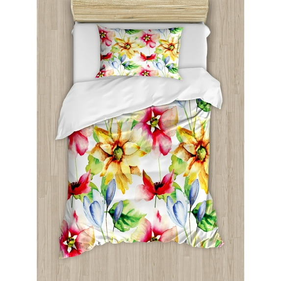 Watercolor Flower Twin Size Duvet Cover Set, Spring Flower Pattern Print with Watercolor Effect Country Style Artwork, Decorative 2 Piece Bedding Set with 1 Pillow Sham, Multicolor, by Ambesonne