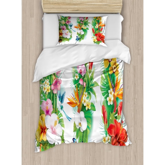Watercolor Flower Twin Size Duvet Cover Set, Tropical Christmas Bouquet Tropical Hibiscus Blossoms Leaf Butterfly, Decorative 2 Piece Bedding Set with 1 Pillow Sham, Multicolor, by Ambesonne