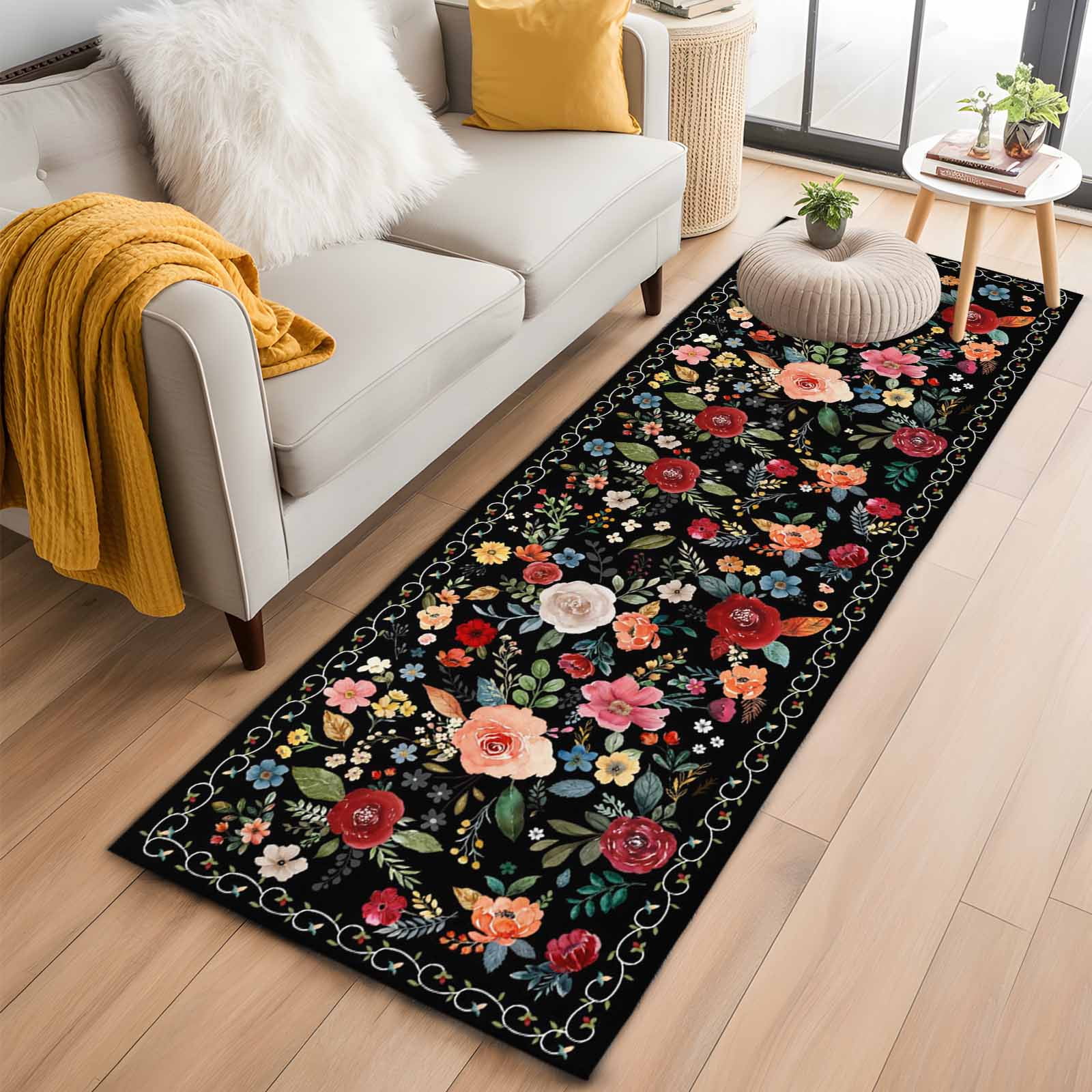 Watercolor Flowers 2'x6' Runner Rugs for Hallway Kitchen Bedside Non Slip Washable, Farmhouse Floral Vintage Black Entryway Rug Runners with Rubber Backing, Long Carpet Runner for Laundry Room