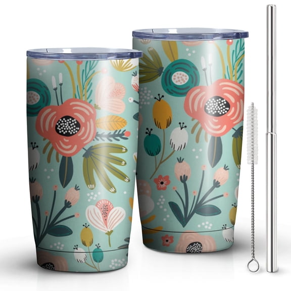Watercolor Flowers 20oz Tumbler Stainless Steel Double Wall Vacuum Insulated Coffee Mug Travel Cups for Wife Mom Daughter Sister Friend Coworker, Metal Straws and Brush