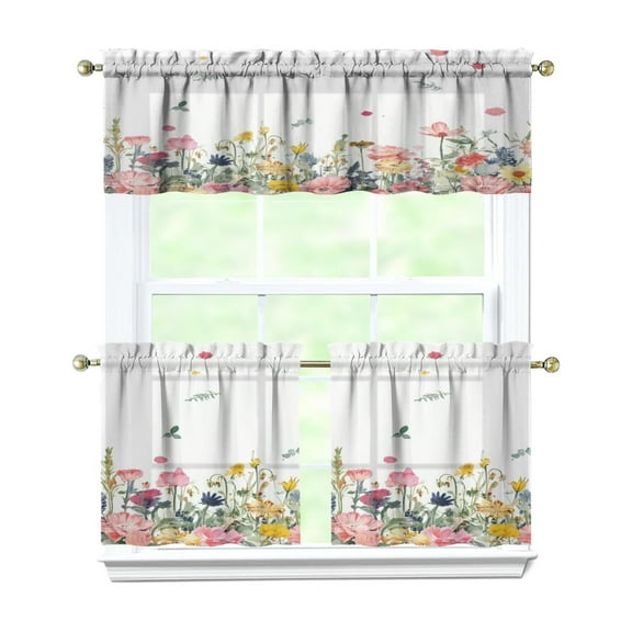 Watercolor Flowers 3-Piece Kitchen Curtains Set Kitchen Curtains Sets with Valance for Windows Rod Pocket Machine Washable Kitchen Decor Decorations (54"x18"+2x27.5"x24")