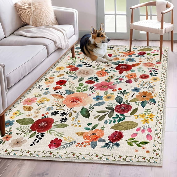 Watercolor Flowers Area Rug 4x6 Washable Rug Non Slip Rustic Spring Floral Botanical Beige Large Area Rug Indoor Floor Carpet for Entryway Bedroom Kitchen Living Room Home Office Dining Room Nursery