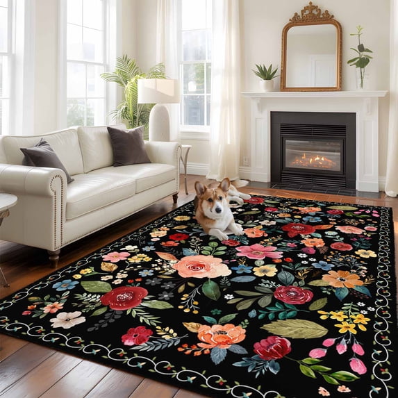 Watercolor Flowers Area Rug 5x7 FT, Non Slip Bedroom Throw Carpet, Farmhouse Floral Vintage Black Washable Soft Floor Carpet Non-Shedding Rug for Dining Room Bedside Classroom Desk