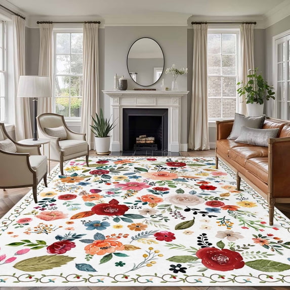 Watercolor Flowers Area Rug 5x8 Washable Rug Non Slip Farmhouse Spring Floral Botanical Large Area Rug Soft Stainresistant Indoor Floor Carpet for Living Room Bedroom Home Office Dining Room Nursery