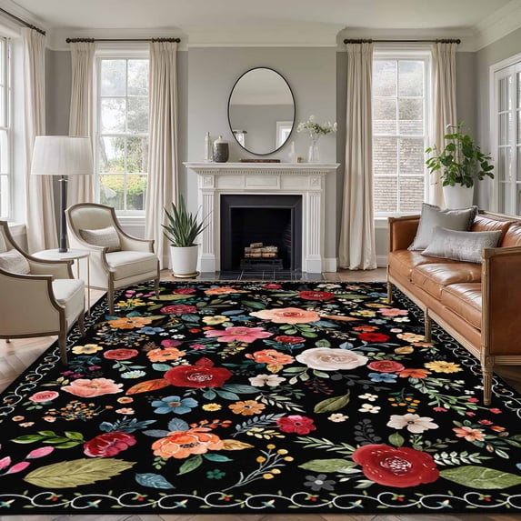 Watercolor Flowers Area Rug 6x9 Washable Rug Non Slip Farmhouse Floral Vintage Black Large Area Rug Soft Stainresistant Indoor Floor Carpet for Living Room Bedroom Home Office Dining Room Nursery