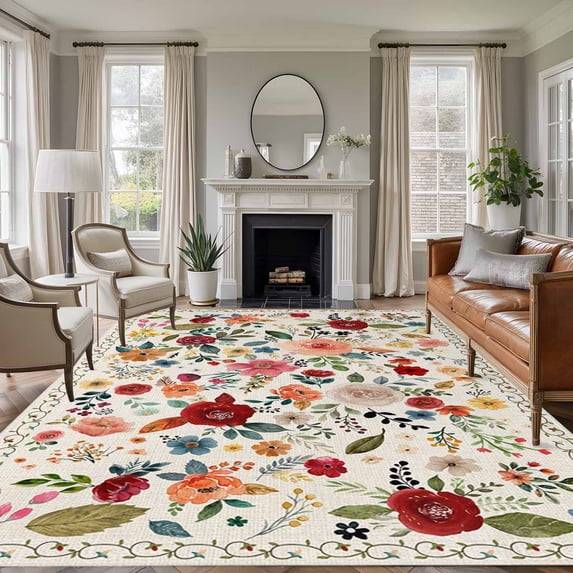 Watercolor Flowers Area Rug 6x9 Washable Rug Non Slip Rustic Spring Floral Botanical Beige Large Area Rug Soft Stainresistant Indoor Floor Carpet for Living Room Bedroom Home Office Dining Room