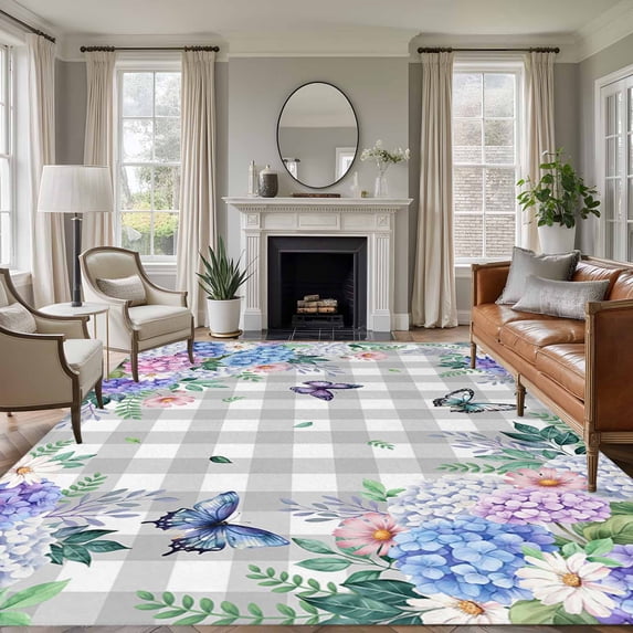 Watercolor Flowers Area Rugs 5'x8', Washable Small Throw Rugs for Classroom Bedroom, Spring Butterflies Floral Gray Plaid Indoor Outdoor Rug Non-Slip Low Pile Carpet Runner Reversible Floor Mats