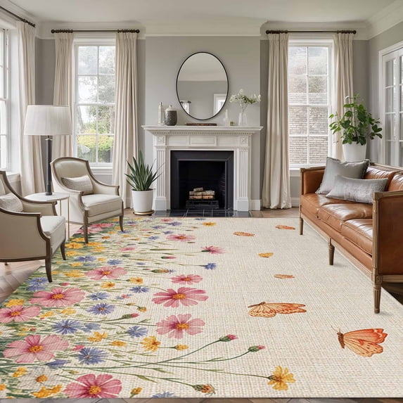 Watercolor Flowers Area Rugs 5'x8', Washable Small Throw Rugs for Classroom Bedroom, Spring Daisy Floral Butterflly Beige Indoor Outdoor Rug Non-Slip Low Pile Carpet Runner Reversible Floor Mats