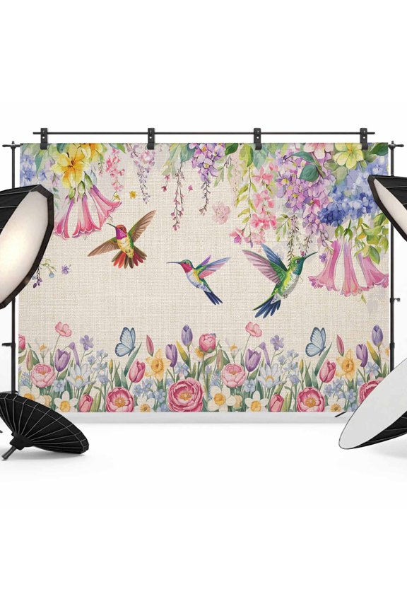 Watercolor Flowers Backdrop for Photoshoot,Photography Photo Studio Background Wall Backdrop,Spring Hummingbird Butterflly Floral Beige Back Drop Banner Panel for Portraits Wedding Party 7x5Ft