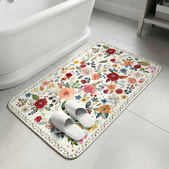 Watercolor Flowers Bathroom Rugs Non Slip Washable Bath Mat Absorbent Front Door Mat Farmhouse Spring Floral Botanical Indoor Doormat for Kitchen Entryway Shower Decor Accessories 15.7"x23.6"