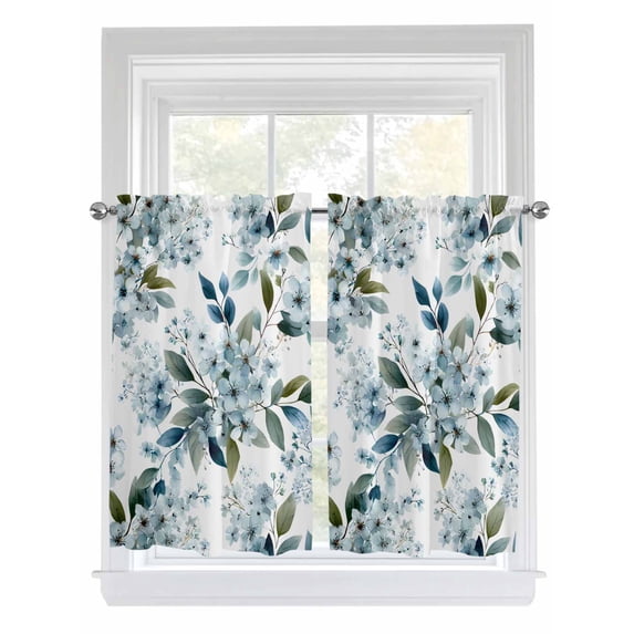 Watercolor Flowers Bathroom Window Curtain, Spring Floral Leaves Botanical Blue Light Filtering Coffee Kitchen Curtains, Bedroom Living Room Curtains 2 Panel 84"x45"