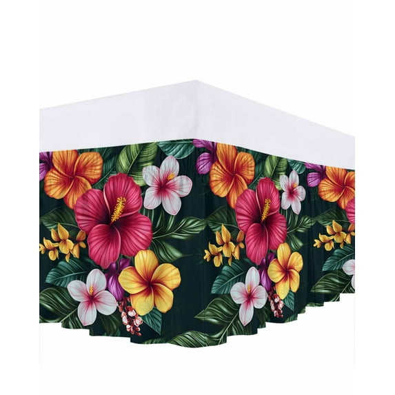 Watercolor Flowers Bed Skirt Queen Size 18" Drop Tropical Plants Red Althea Ruffled Wrap Around Bed Skirts Adjustable Elastic Bedskirt Dust Ruffle for Queen Size Bed