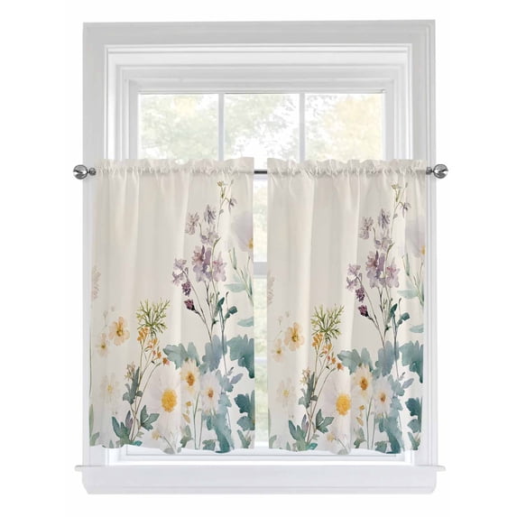 Watercolor Flowers Beige Kitchen Curtains 54 Inches length, Spring Summer Retro Botanical Window Treatment Curtain Drapes, Thermal Insulated Drapes for Basement Hotel RV, 42"x54", 2 Panels