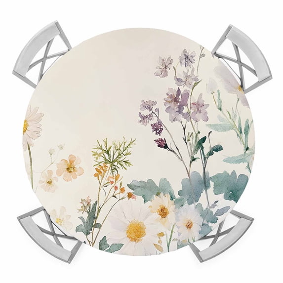 Watercolor Flowers Beige Round Fitted Tablecloth with Elastic Edge, Waterproof Table Cloth Table Cover for 45"-54" Tables, Spring Summer Retro Botanical Tablecloths for Dining Picnic Indoor Outdoor