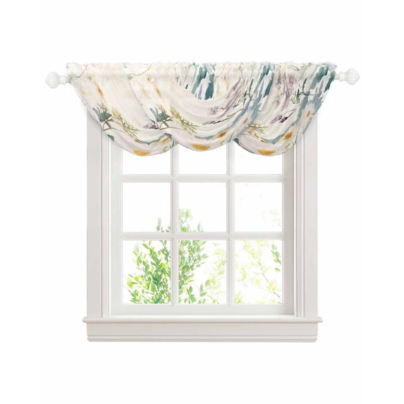 Watercolor Flowers Beige Waterfall Valances for Windows, Spring Summer Retro Botanical Kitchen Sheer Valance Curtains, Rod Pocket Elegant Swag Valances for Living Room Bedroom, 47.2"x38.5", 3 Panel