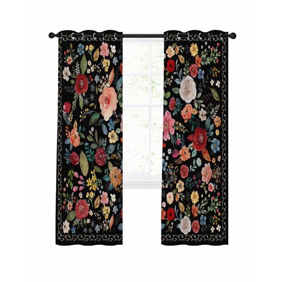 Watercolor Flowers Blackout Curtains 45 Inches Long for Bedroom, Farmhouse Floral Vintage Black Thermal Insulated Room Darkening Black Out Window Curtain Panels Grommet Drapes for Living Room
