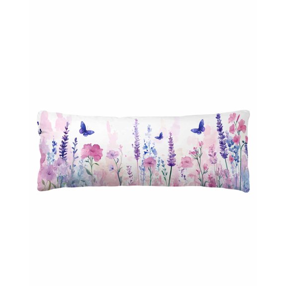 Watercolor Flowers Body Pillow Cover 20 x 54 Inch Decorative Pillow Cover Butterfly Lavender Watercolor Spring Lumbar Pillowcase Seasonal Rectangle Cushion Case for Couch Sofa Bed Living Room