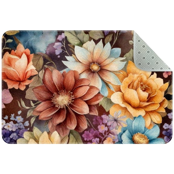 Watercolor Flowers Brown Background Small Area Rug, Non-Slip Door Mat Indoor Floor Mat, Washable Kitchen Rug Entrance DMat for Bedroom Living Room