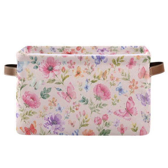 Watercolor Flowers Butterflies Foldable Storage Large Fabric Storage Baskets Organizer Storage Bins with Handles for Home Office