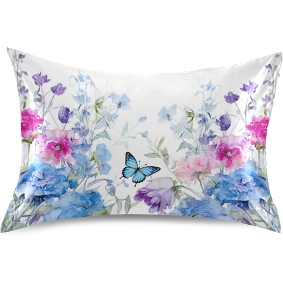 Watercolor Flowers Butterflies Satin Pillowcase for Hair and Skin Silk Pillowcase Soft Sleeping Pillow Covers Smooth Cooling Pillowcase with Envelope Closure Size 20x30 In Home Decor Gifts