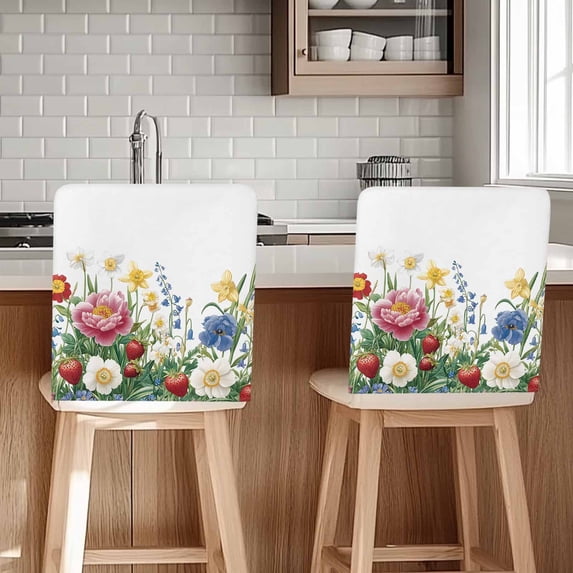 Watercolor Flowers Chair Covers Set of 1 Strawberry Chair Back Covers Stretch Removable Washable Slipcovers Protector for Dining Room Kitchen Party Decor