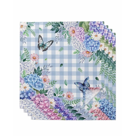Watercolor Flowers Cloth Napkins Set of 4 Reusable Dinner Napkins, Spring Floral Butterflies Blue Plaid Cocktail Napkin Washable Table Napkins for Wedding/Holiday Party/Baby Shower 20"x20"